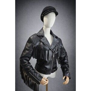 All American Rider Black Leather Fringe Motorcycle Jacket Women’s 14 Western...